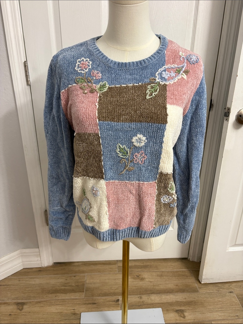 Patchwork Floral Crewneck Sweater - Blue, Pink, Cream